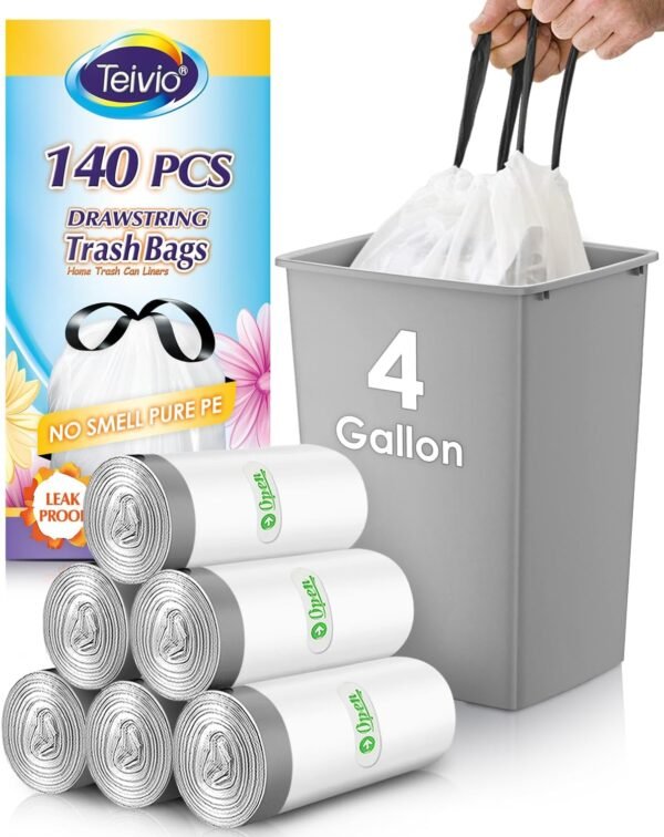 71Qhx0mtL9L._AC_SL1500_ Review of Teivio 4 Gallon Drawstring Trash Bags Small White Liners Durable Strength